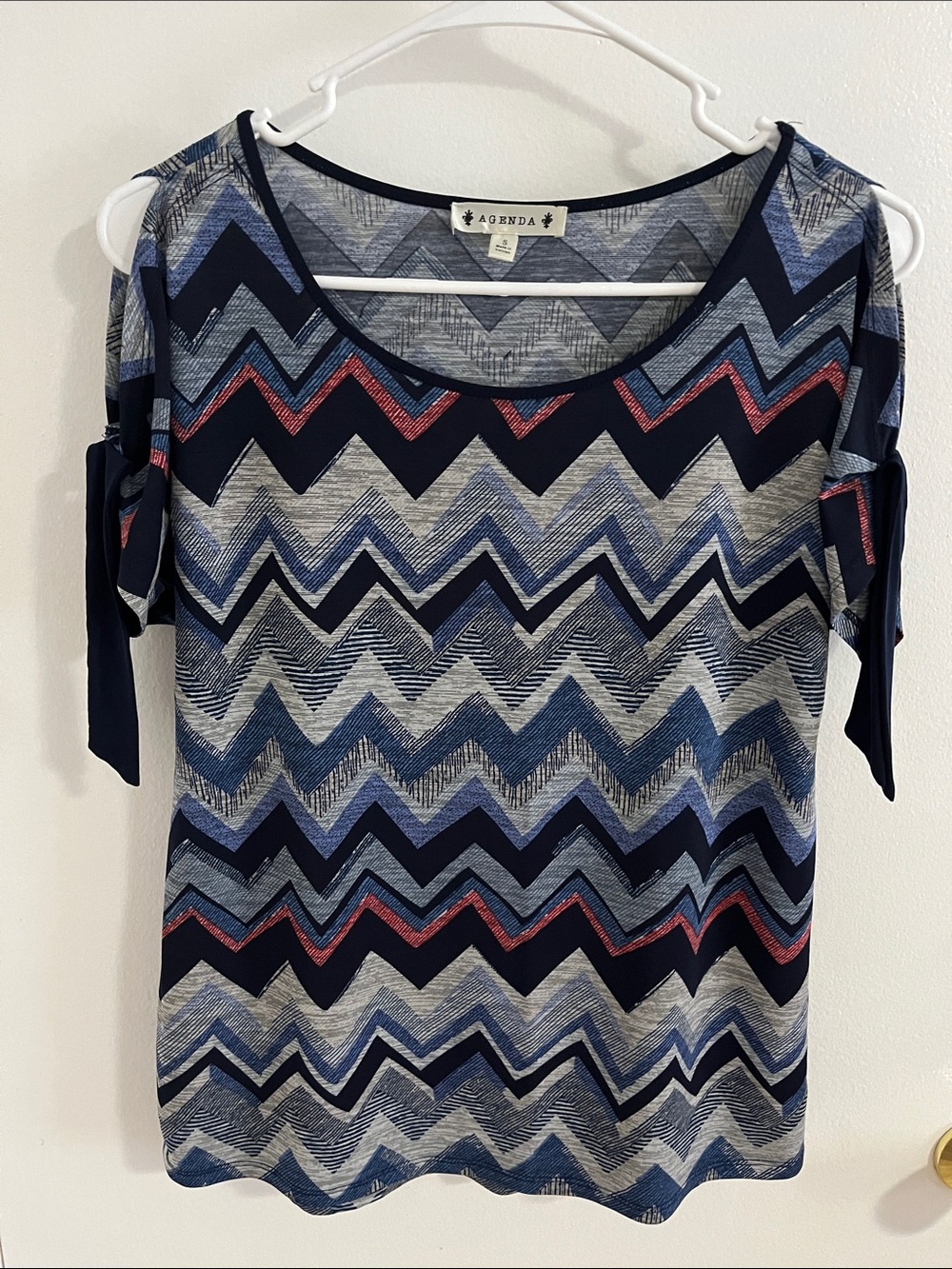 Agenda Navy Chevron Cold-Shoulder Top with Red Trim